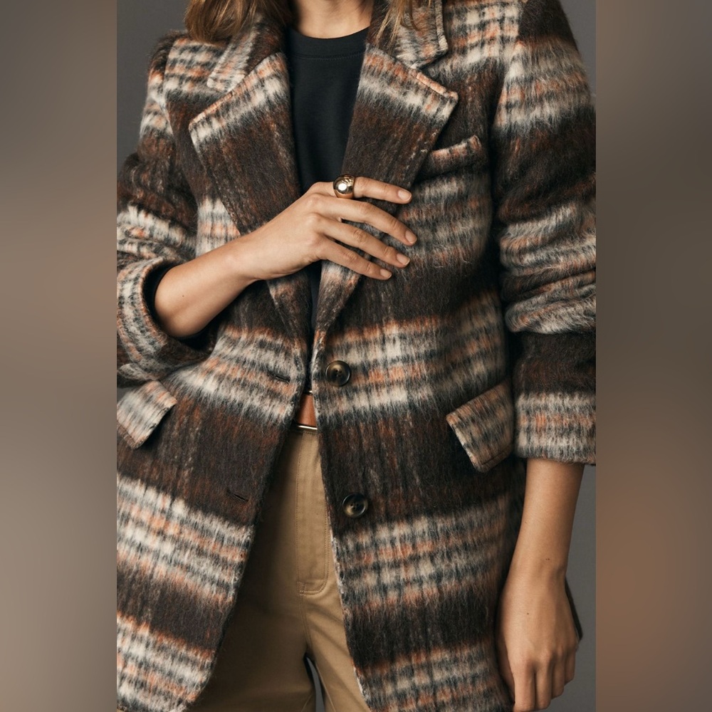 Anthropologie Maeve brushed Plaid Brown Women's Coat jacket blazer